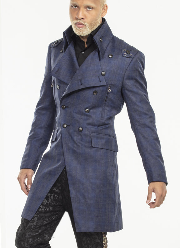 mens long coat plaid navy, Angelino