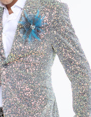 male sequin blazer, silver with blig blue lapel flower, Angelino