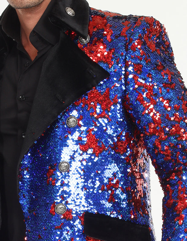 Sequin coat for men, Long coat blue/red, Angelino