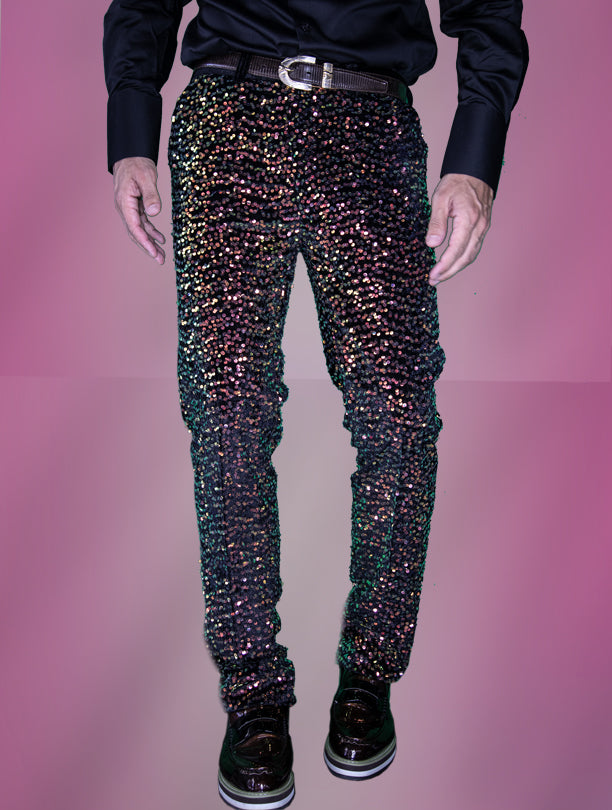 sequin pants men, black/gold, Angelino