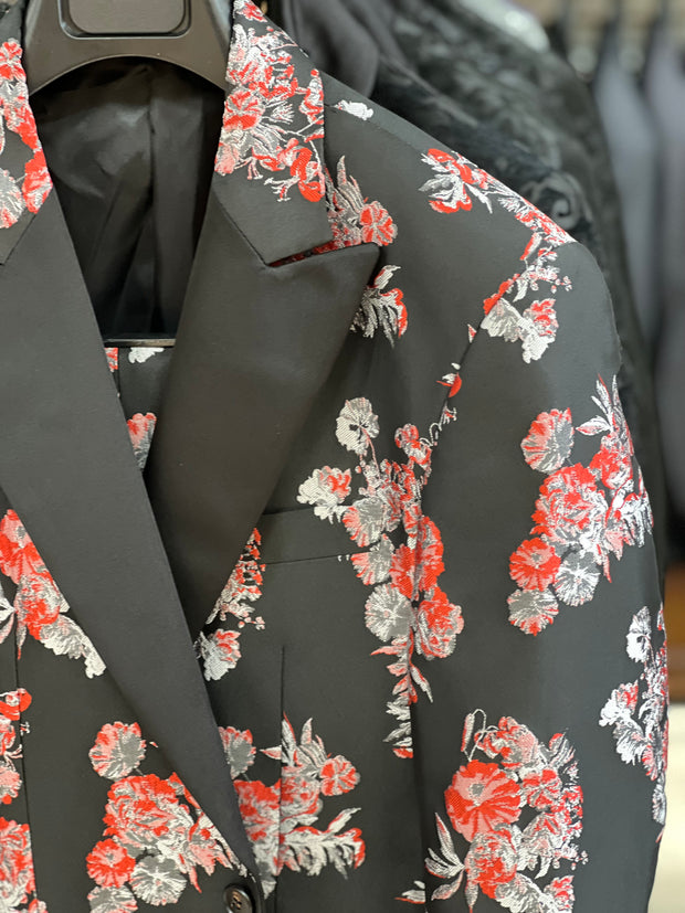 Prom Suit, Men's Fashion Suit, Tuxedo, Floral Red and Black