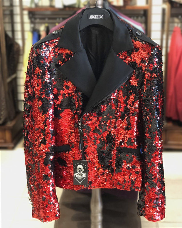 Men's Fashion Jacket -  Biker Jacket - Sequin Red/Black - ANGELINO