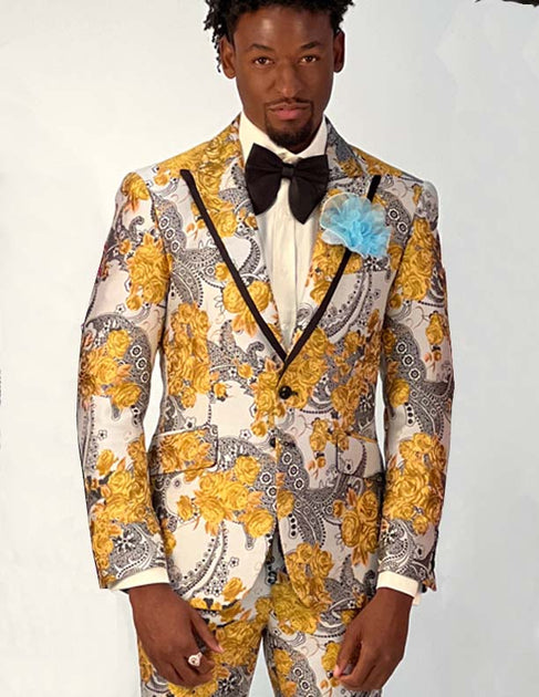 White and Gold Prom Suit, Floral 46R White and Gold Prom Suit, Floral 46R