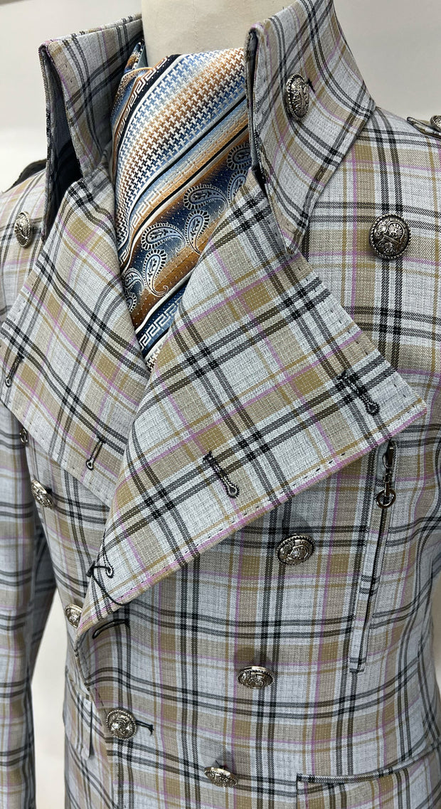 long coat,gray plaid high collar, Angelino