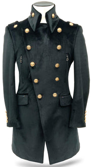  long coat men, velvet black, metal buttons 