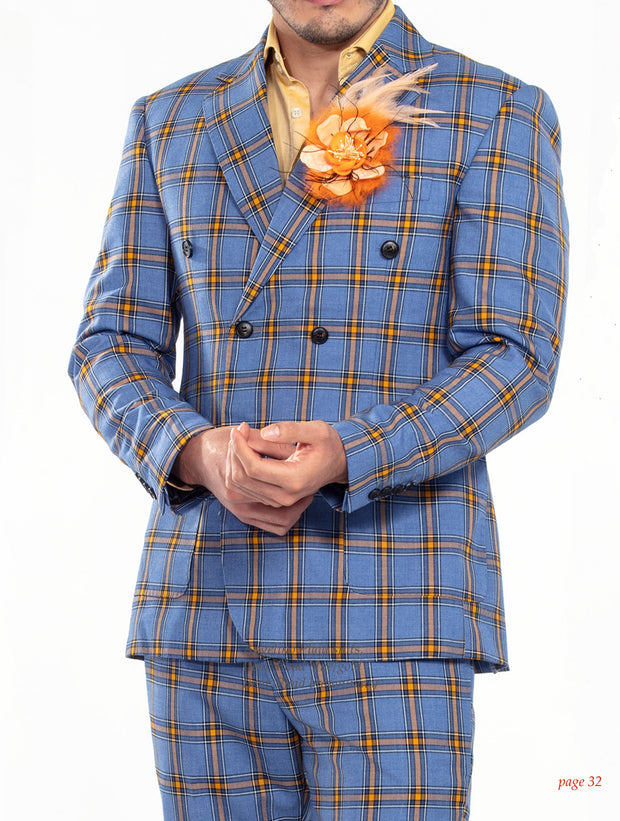 men blue/gold plaid suit