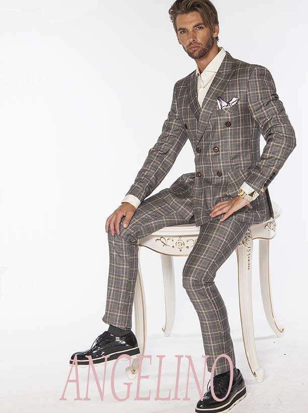Men's Fashion suits Double Breasted Plaid2 Gray - ANGELINO