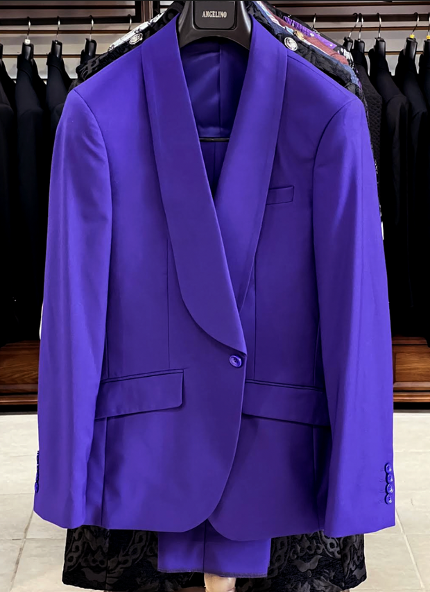 purple mens suit, shawl lapel, Angelino