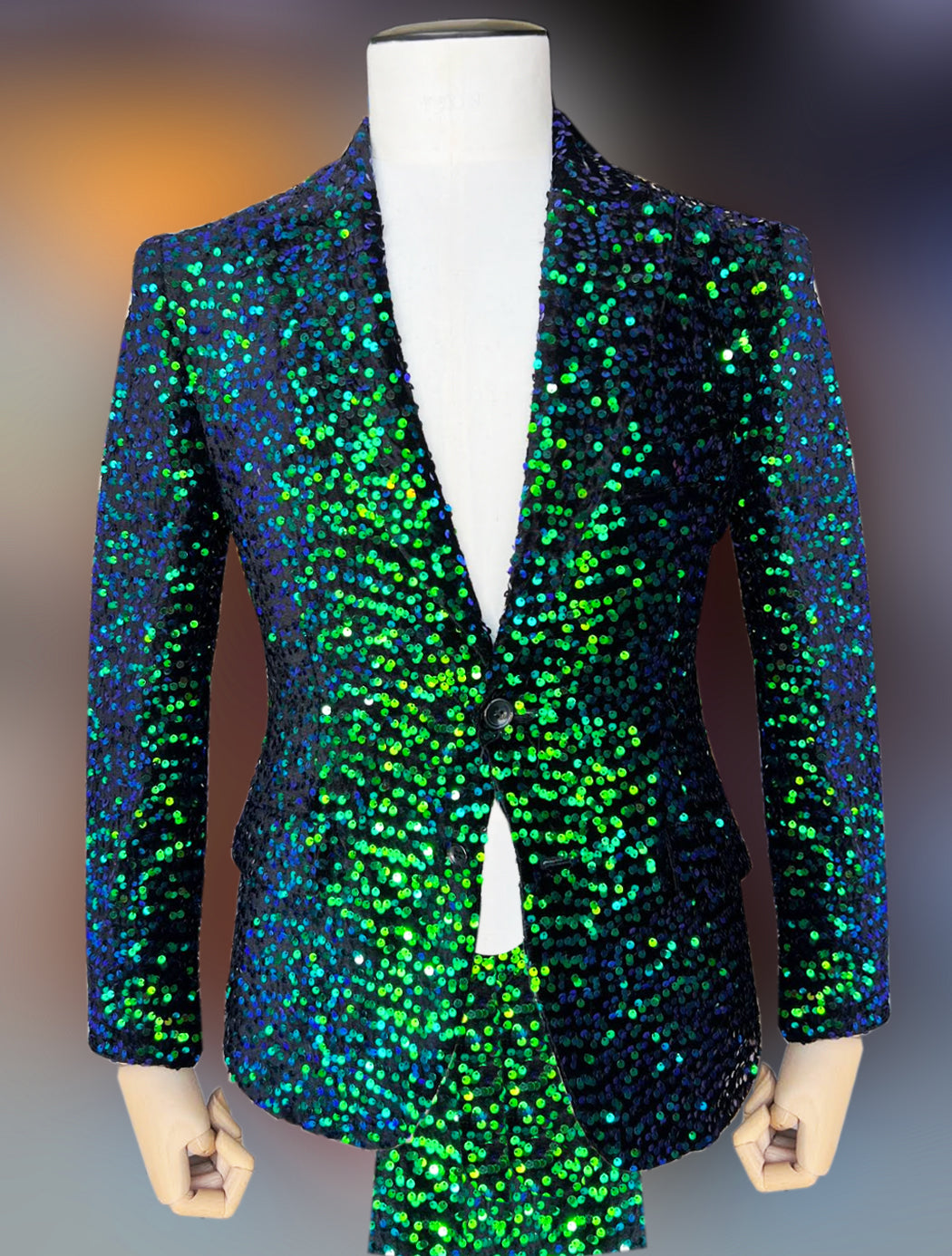 mens sequin suit, green/blue 42S