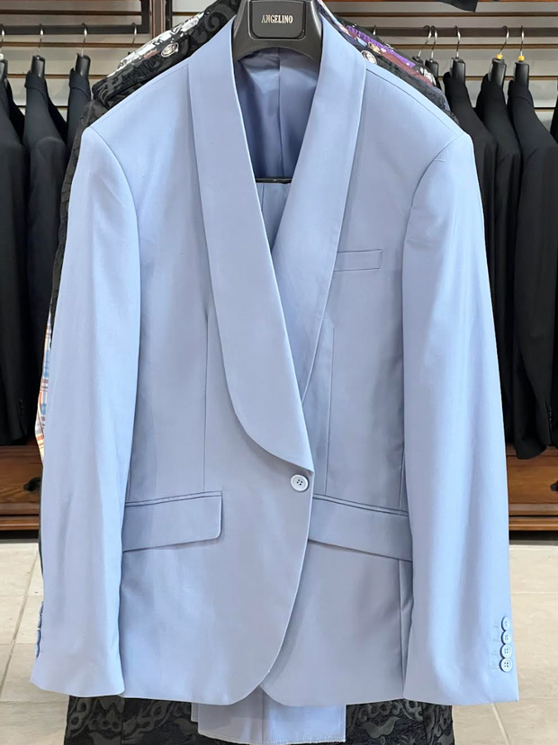 mens suits, light blue, shawl lapel