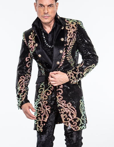 sequin coat men, long, gold black, Angelino