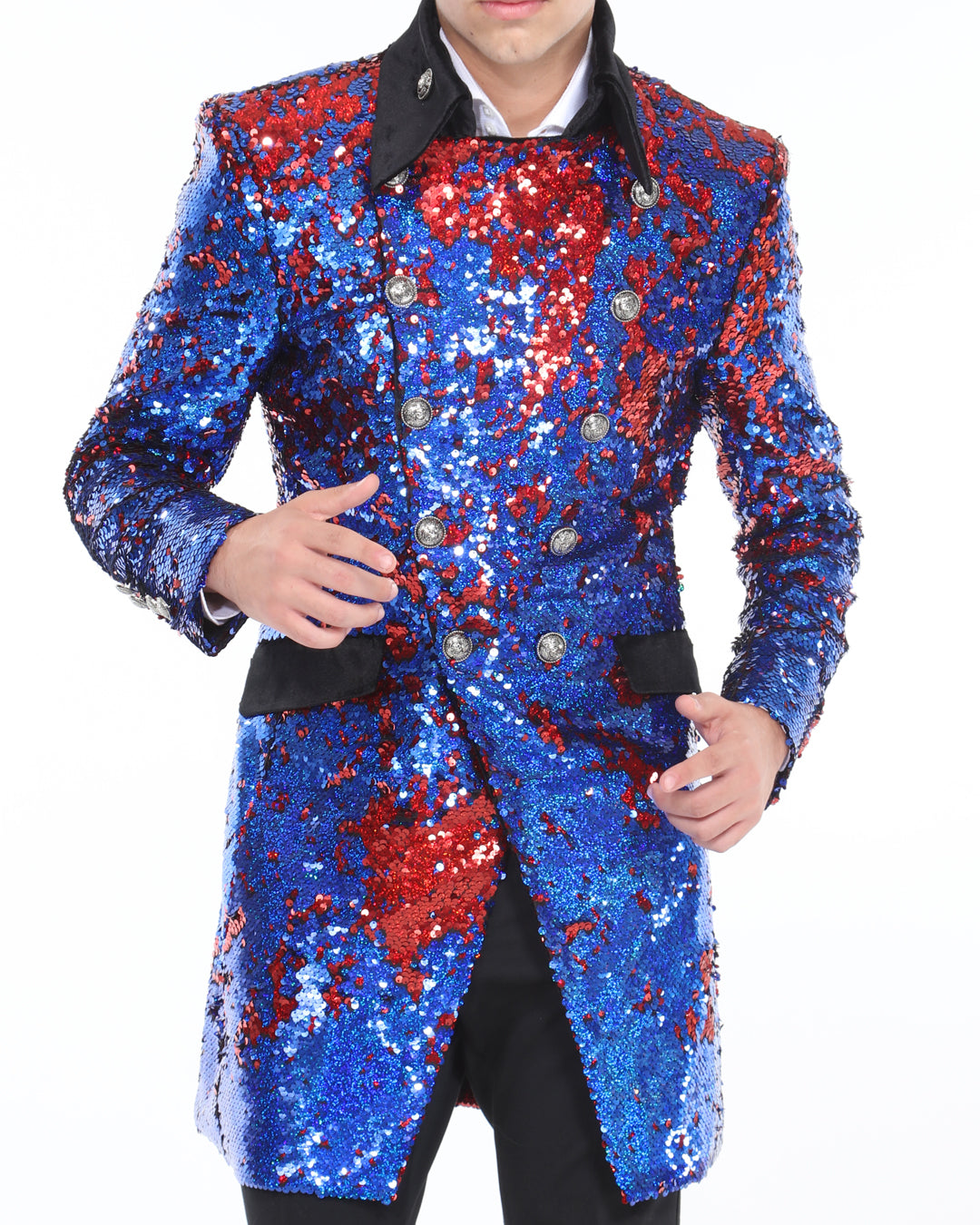Sequin coat for men, Long coat blue/red, Angelino