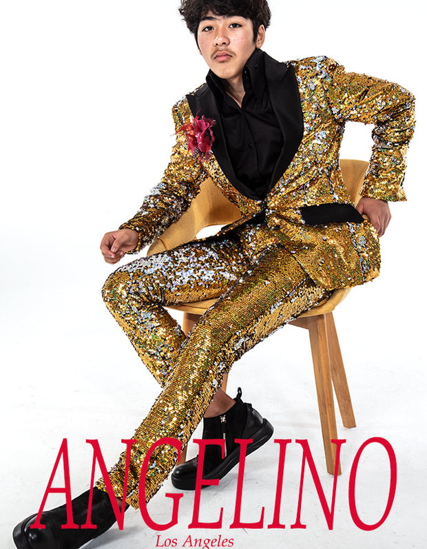 gold sequin suit, Angelino