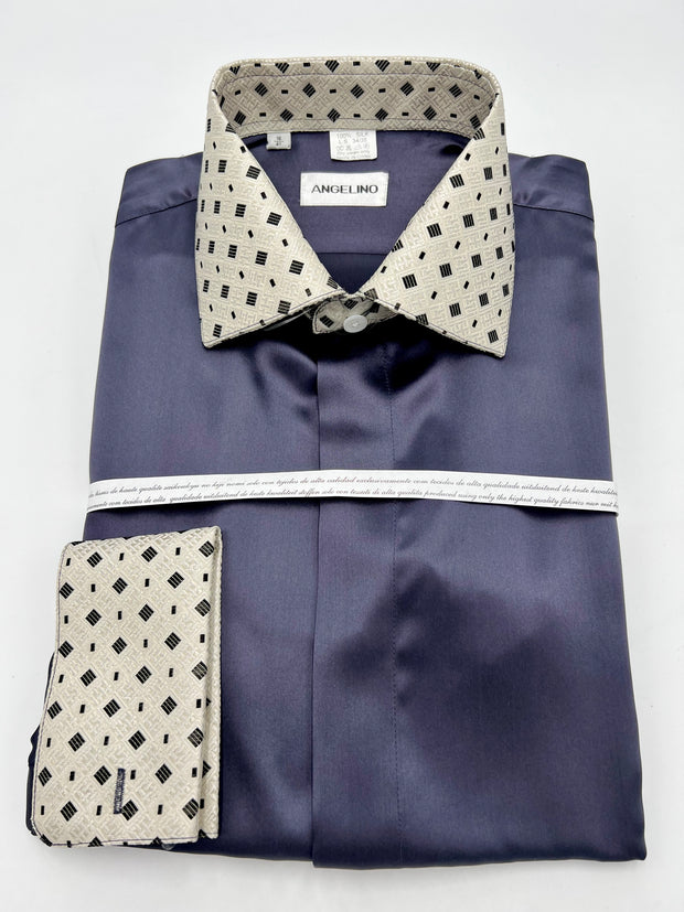Men's Fashion Silk Shirt 158D Navy -Cutaway collar-