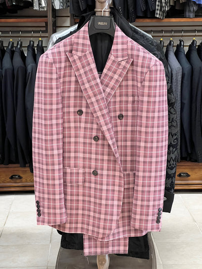 Men's Fashion Suits, Prom Suits, Double Breasted Pink Plaid