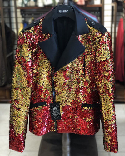 Men's Fashion Jacket - Biker Jacket - Sequin Red/Gold - ANGELINO