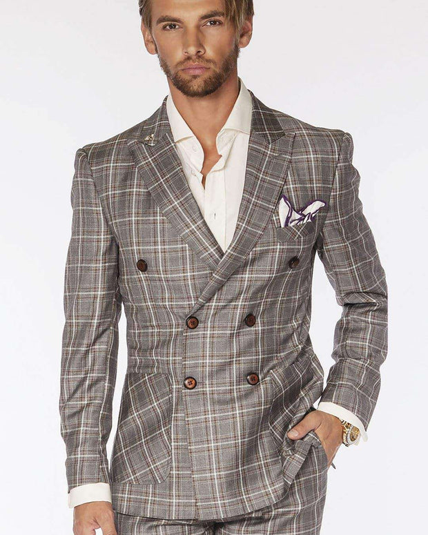 Men's Fashion suits Double Breasted Plaid2 Gray - ANGELINO