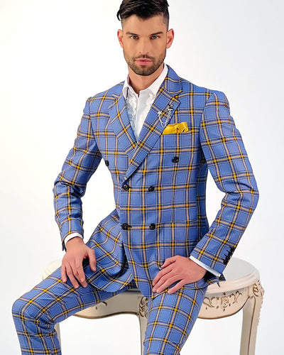 plaid suit for men, blue/gold
