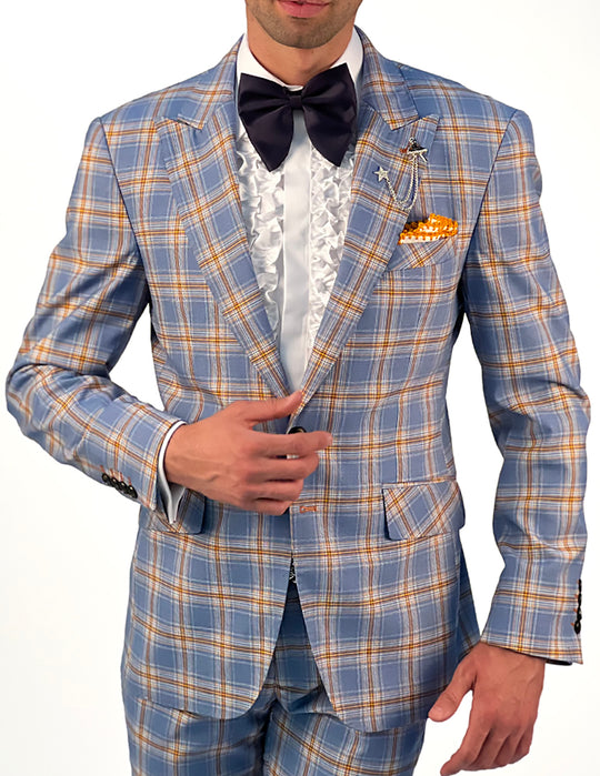 Blue Plaid Suit, Pick Lapel Suit 44R