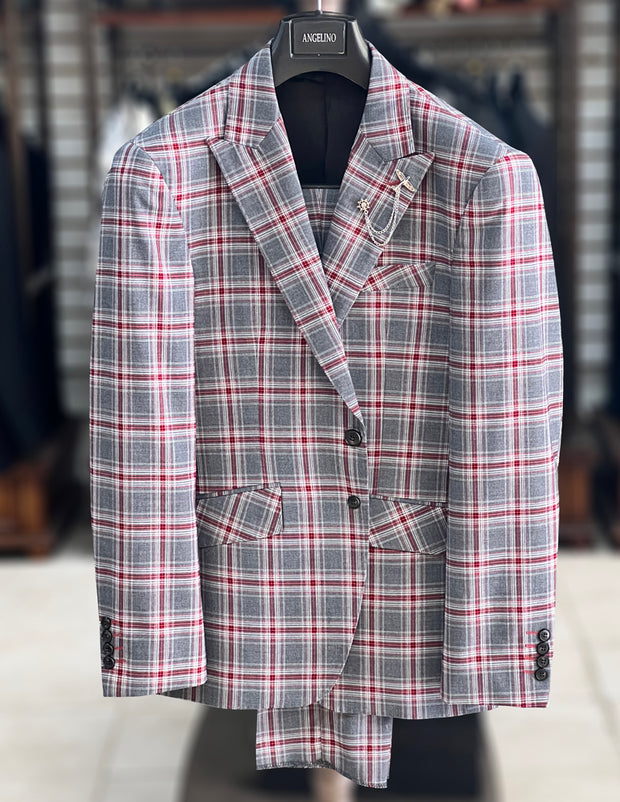 plaid suit, grey, red. ANGELINO