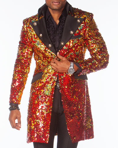 Long coat Men - Prom 2020 - Sequin Red/Gold - Long Jacket - ANGELINO