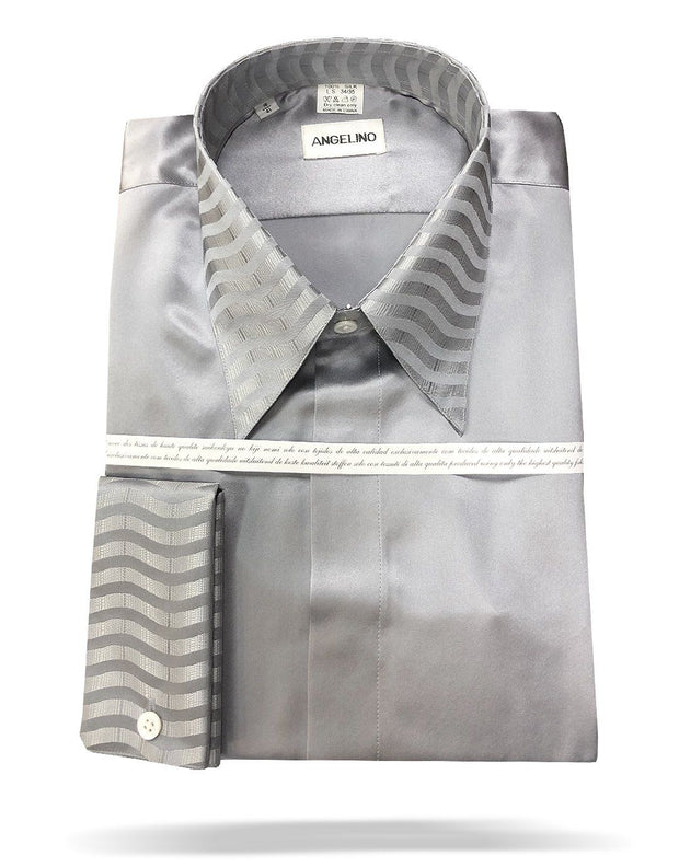 Men's Fashion Silk Shirt with Matching Tie - 150F Silver - ANGELINO