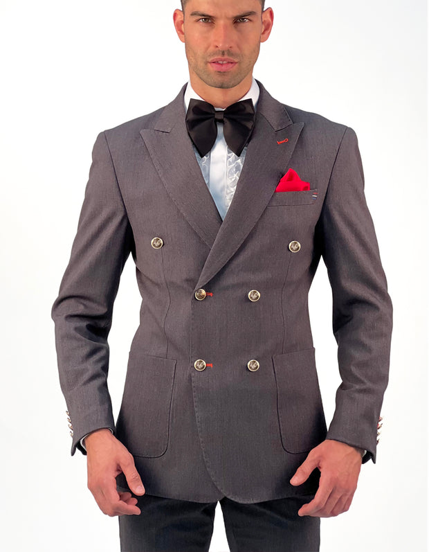 double breasted grey suit