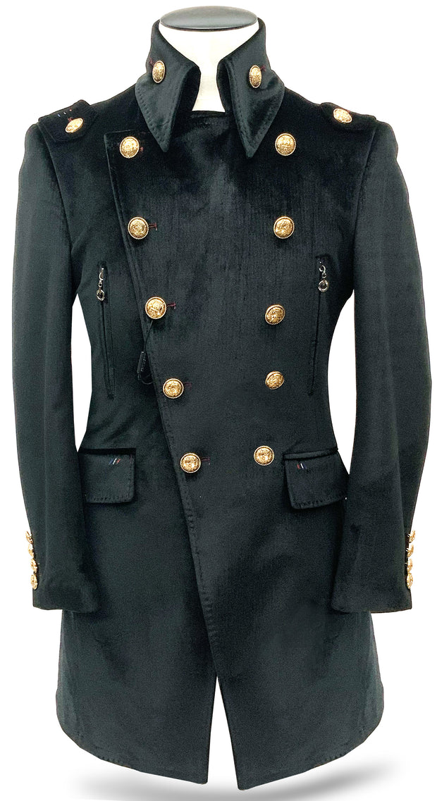  long coat men, velvet black, metal buttons 