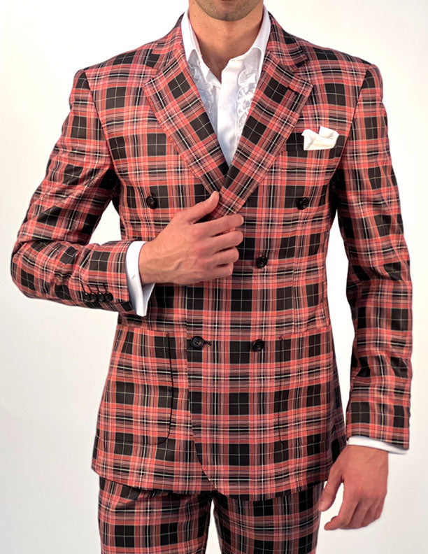 mens double breasted plaid suit, black/red - ANGELINO