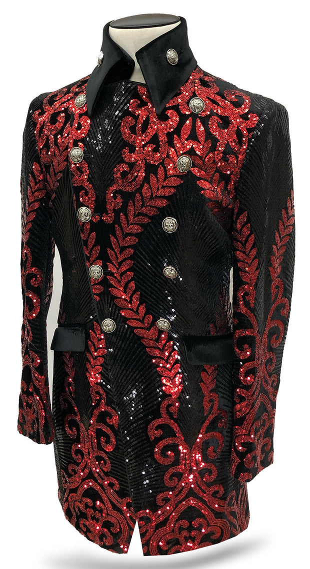 mens long sequined coat, red/black