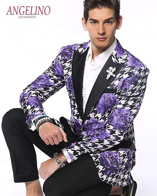 Fashion Blazer for Men, Hounds Flower Purple  - Tuxedo Jacket - Prom - Wedding - ANGELINO